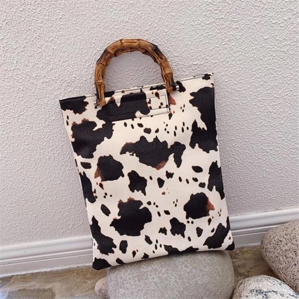 Cow Print Mini Tote Bag 14" x 12" Faux Leather Handbag